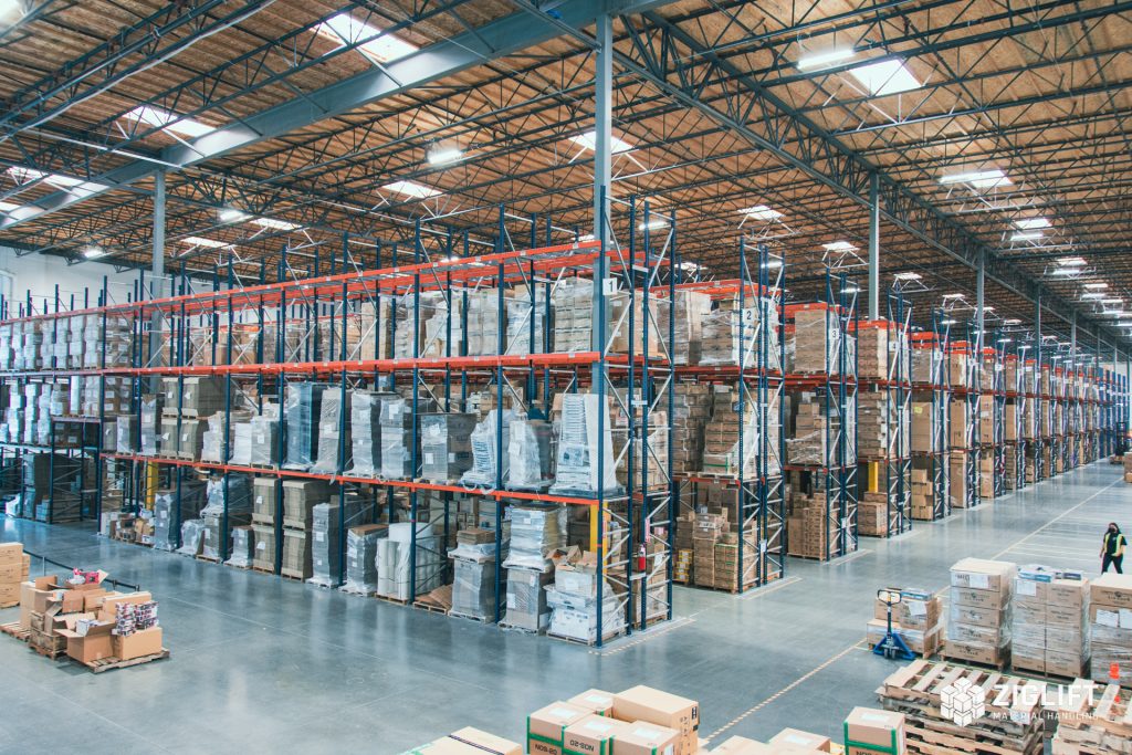 Rows of industrial pallet racks loaded with pallets in a Wilmington warehouse